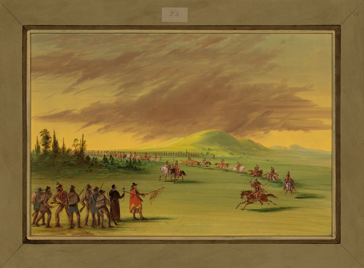 La Salle se encuentra con un grupo de guerra de indios Cenis en una pradera de Texas, 25 de abril de 1686 de George Catlin