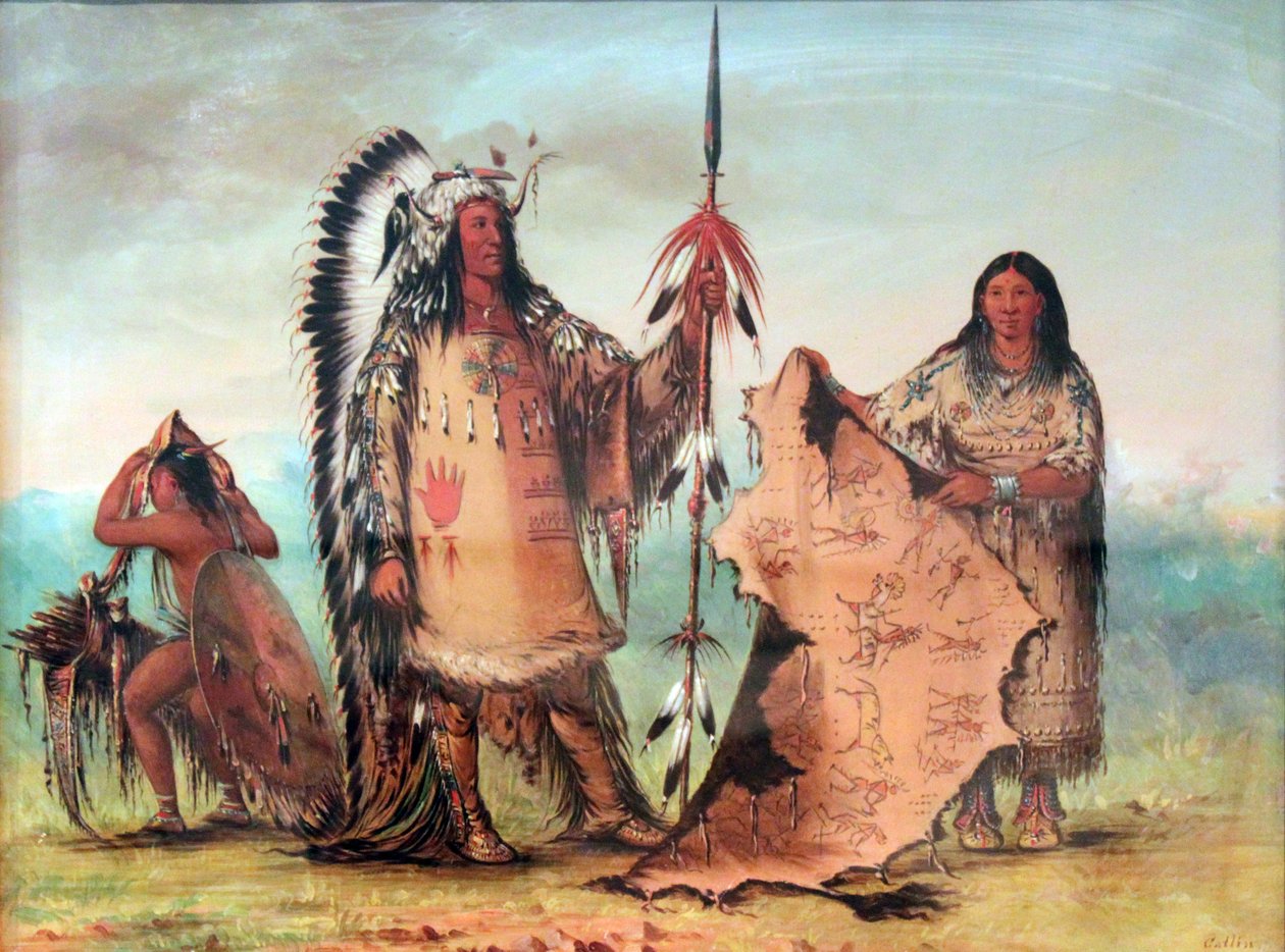 Mandan: Mato-Tope con esposa e hijo. La túnica de bisonte, sostenida por su esposa, muestra sus heroicas hazañas bélicas de George Catlin