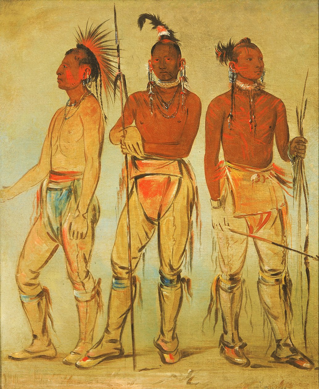 Mun-ne-pús-kee, El Que No Tiene Miedo, Ko-ha-túnk-a, Gran Cuervo, y Nah-cóm-ee-shee..., 1834 de George Catlin