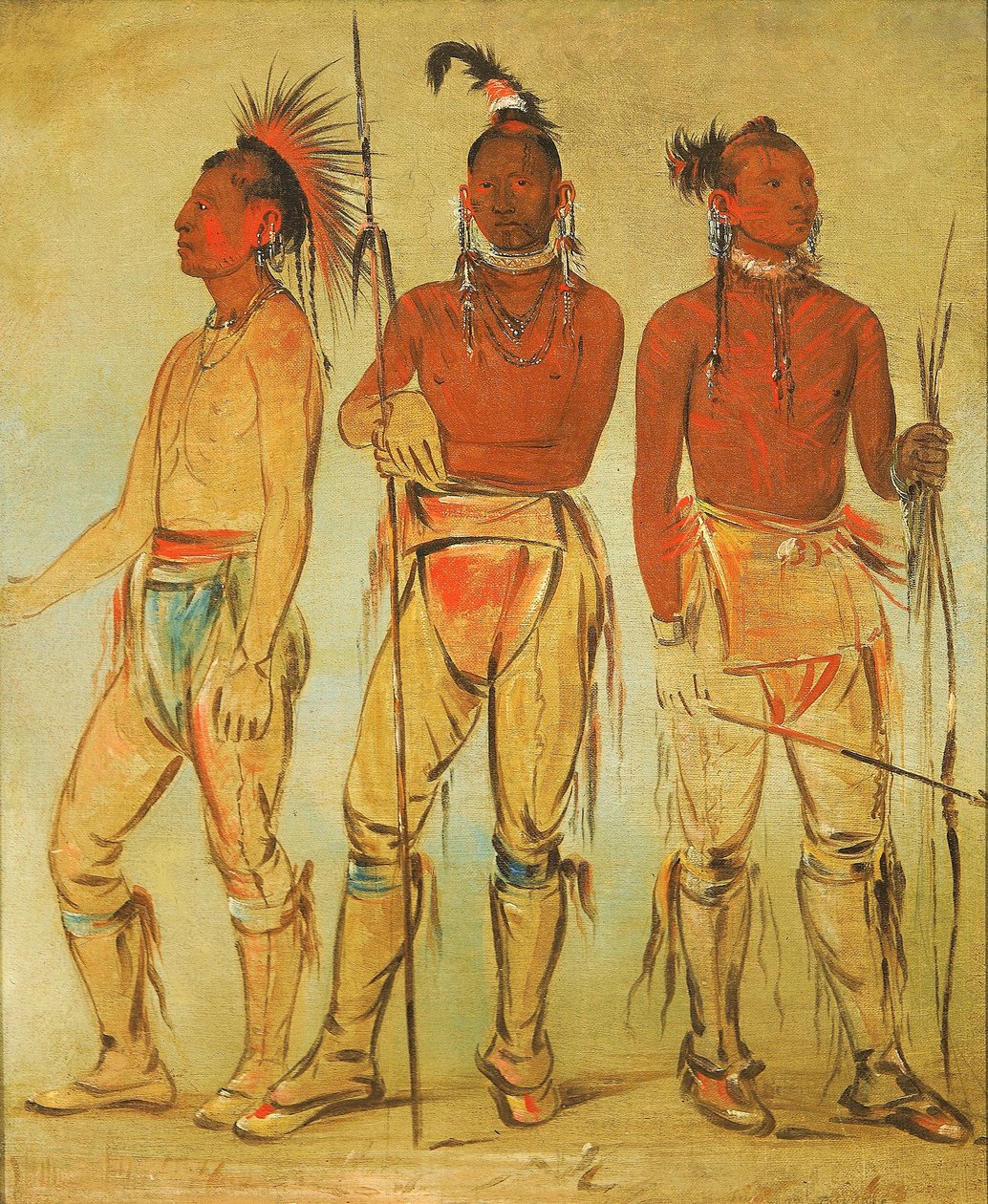 Mun-ne-pús-kee, El que no tiene miedo; Ko-ha-túnk-a, Gran cuervo; y Nah-cóm-ee-shee, Hombre de la cama, Tres jóvenes guerreros. de George Catlin
