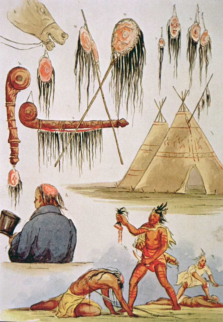 Escalpelamiento y uso decorativo de cabelleras (acuarela sobre papel) de George Catlin