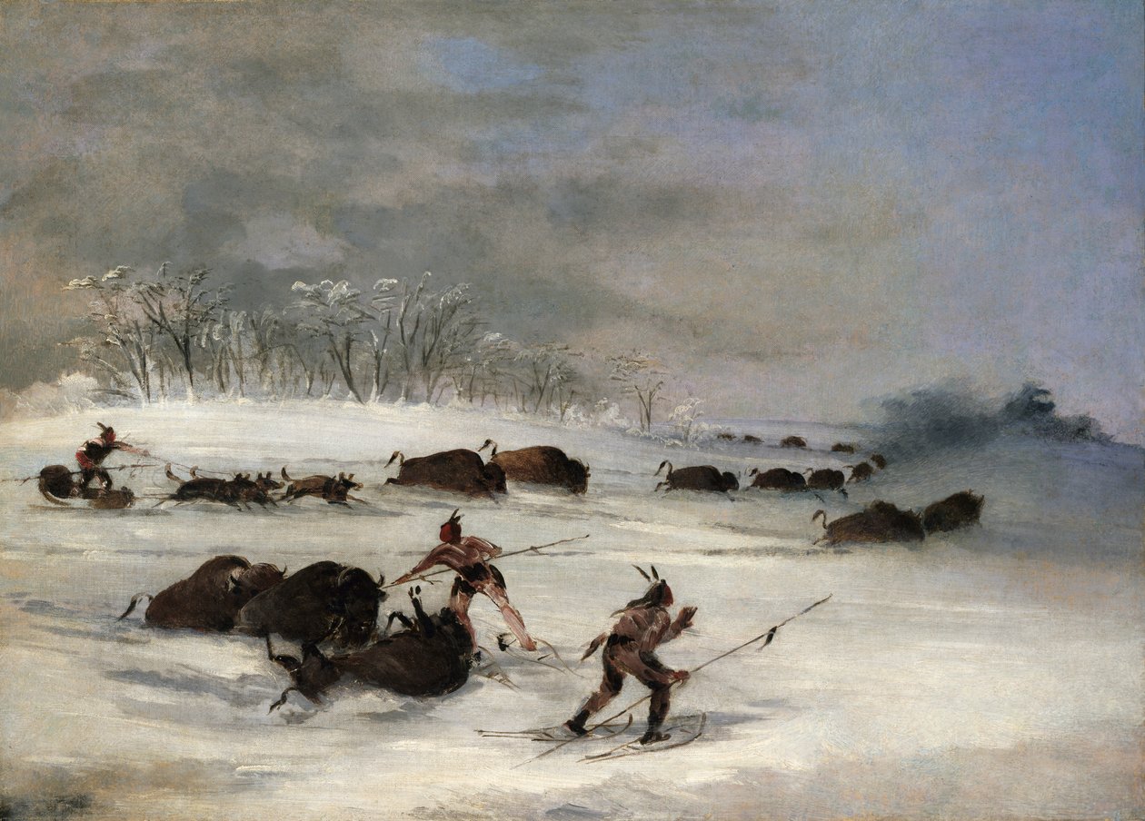 Indios Sioux con raquetas de nieve cazando búfalos de George Catlin