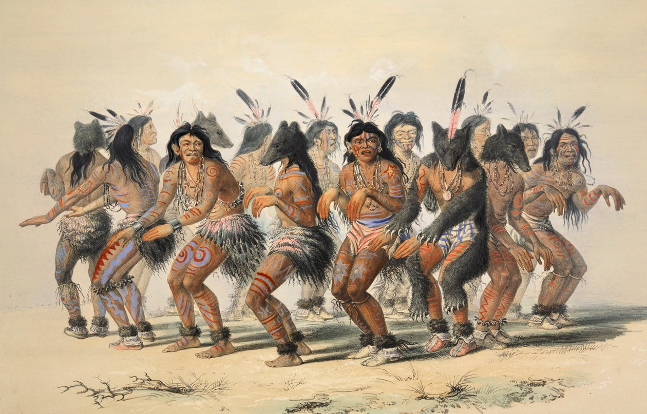 El baile del oso (detalle), pub. 1845 litografía en color de George Catlin