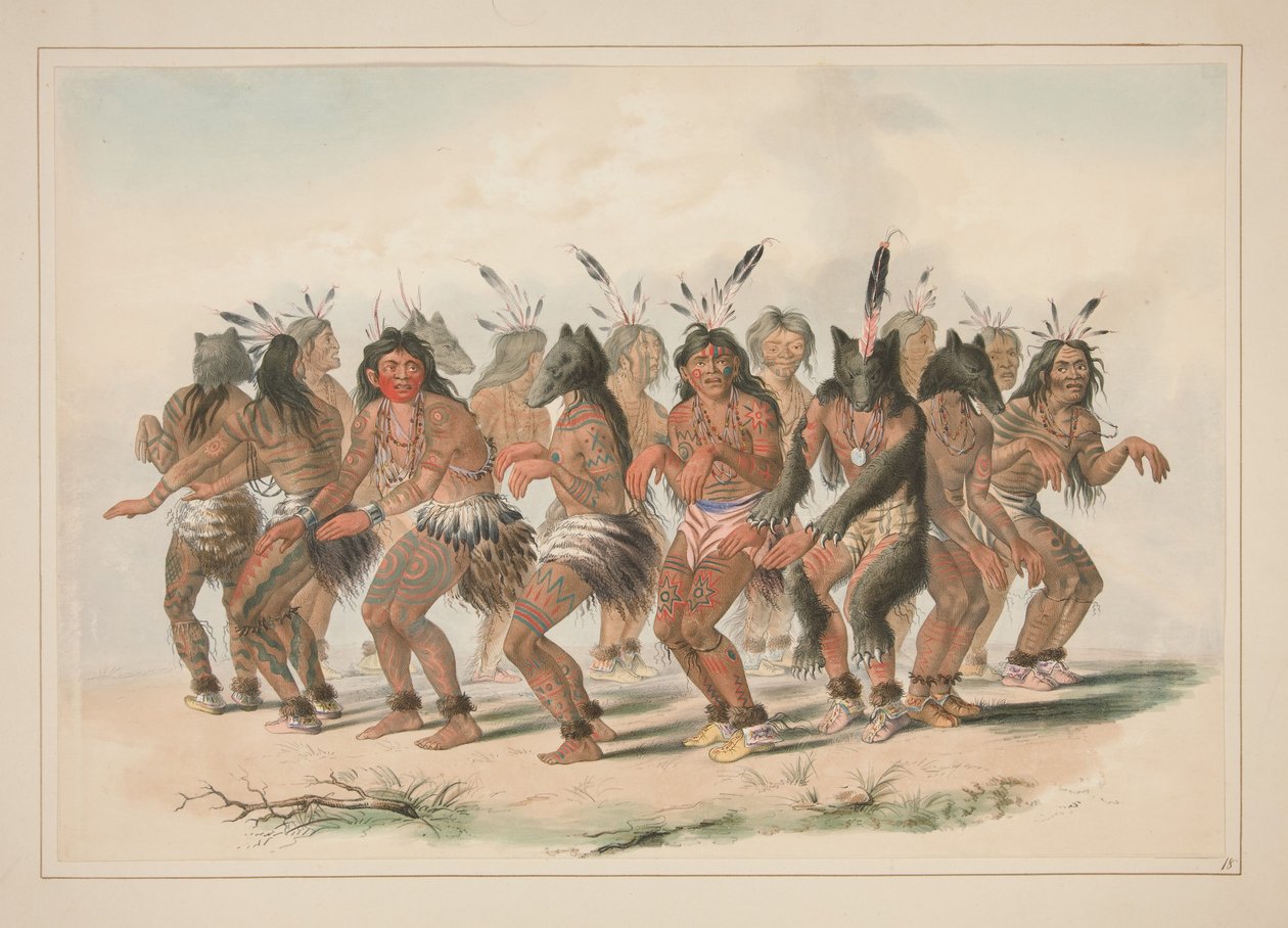 «La danza del oso», lámina n.º 18 de la colección «North American Indian Portfolio» de George Catlin