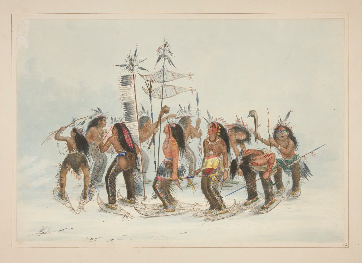 La danza de las raquetas de nieve, pl. 14 de la cartera de indios norteamericanos de George Catlin