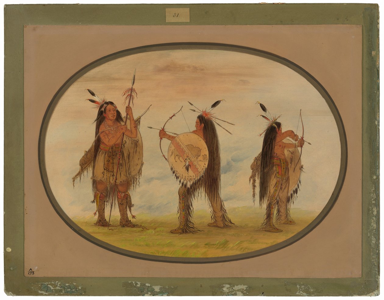 Tres guerreros mandan armados para la guerra de George Catlin