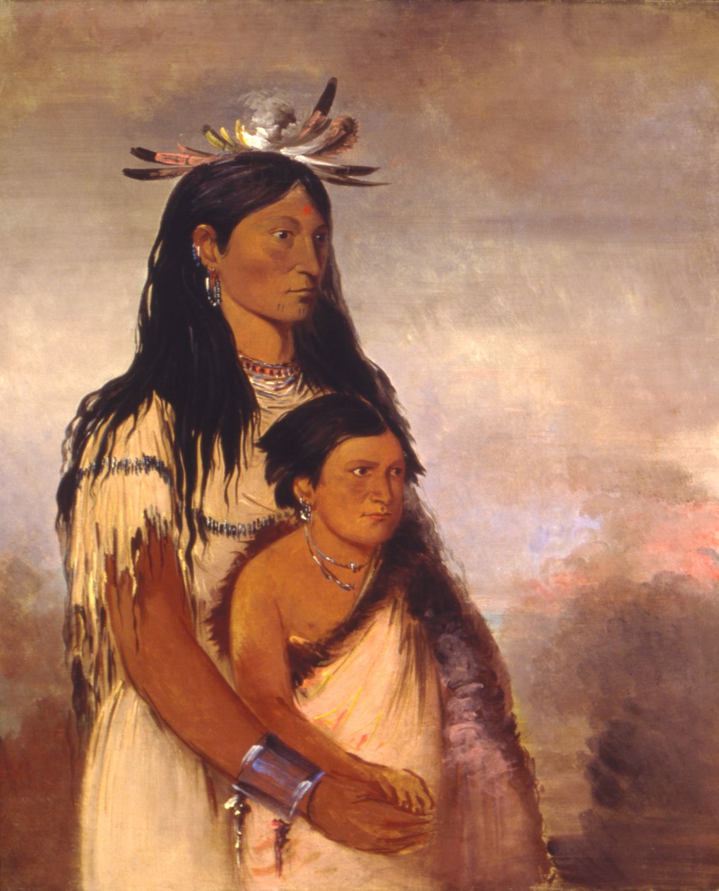Túnk-aht-óh-ye, Tronador, un chico, y Wun-pán-to-mee, Comadreja Blanca, una chica. de George Catlin