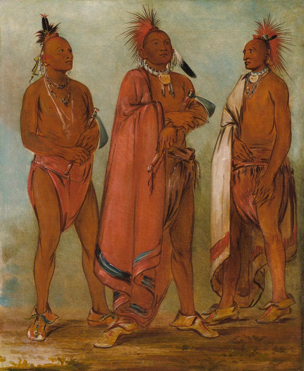 Wa-másh-ee-sheek, El que se lleva; Wa-chésh-uk, Guerra; Mink-chésk, Tres jóvenes distinguidos. de George Catlin