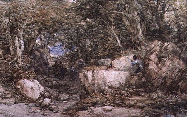 Valle del Bosque con Viajeros Aproximándose a una Emboscada de George Cattermole