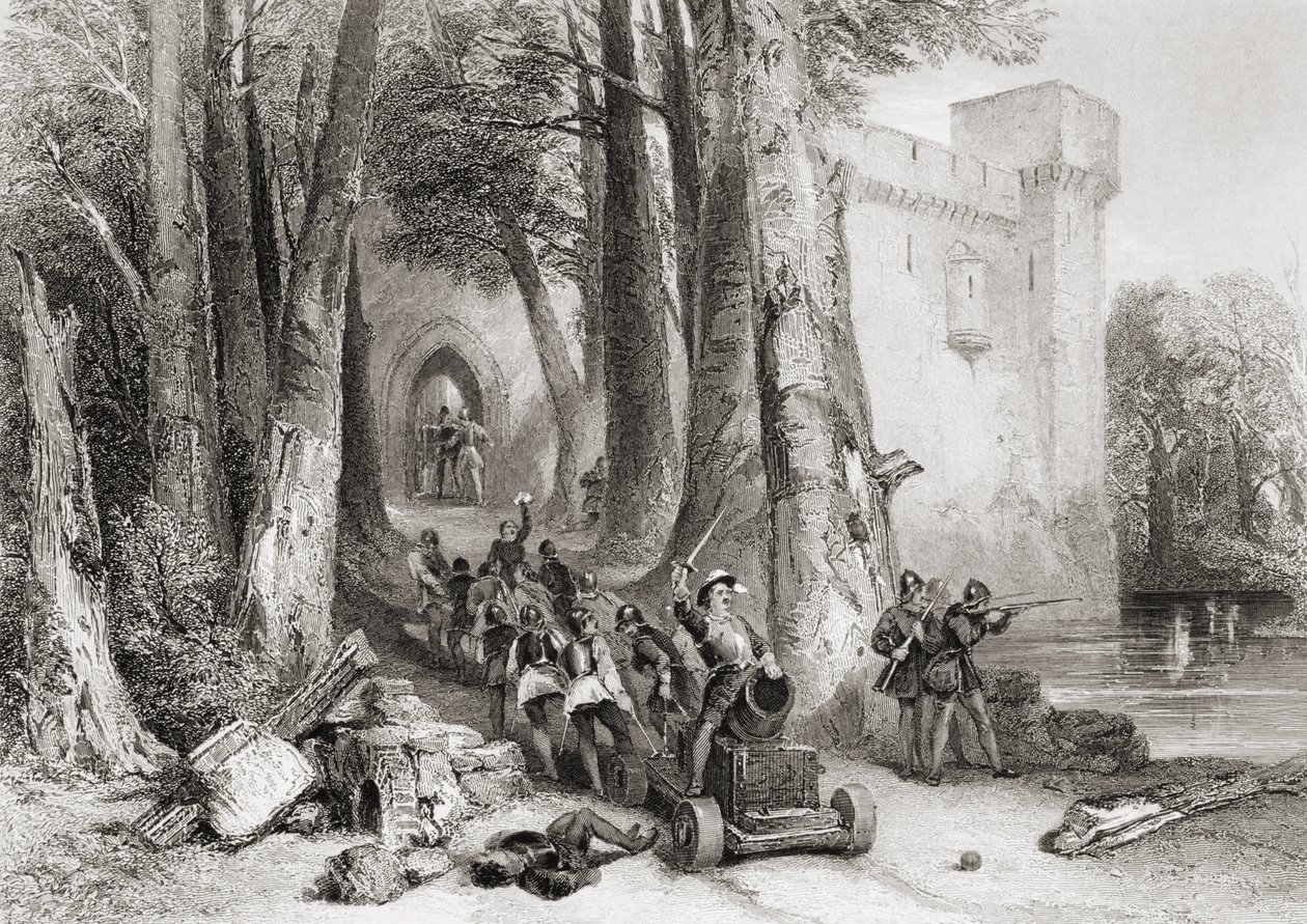 El asedio de Lathom House, 1644, grabado por W. Topham de George Cattermole