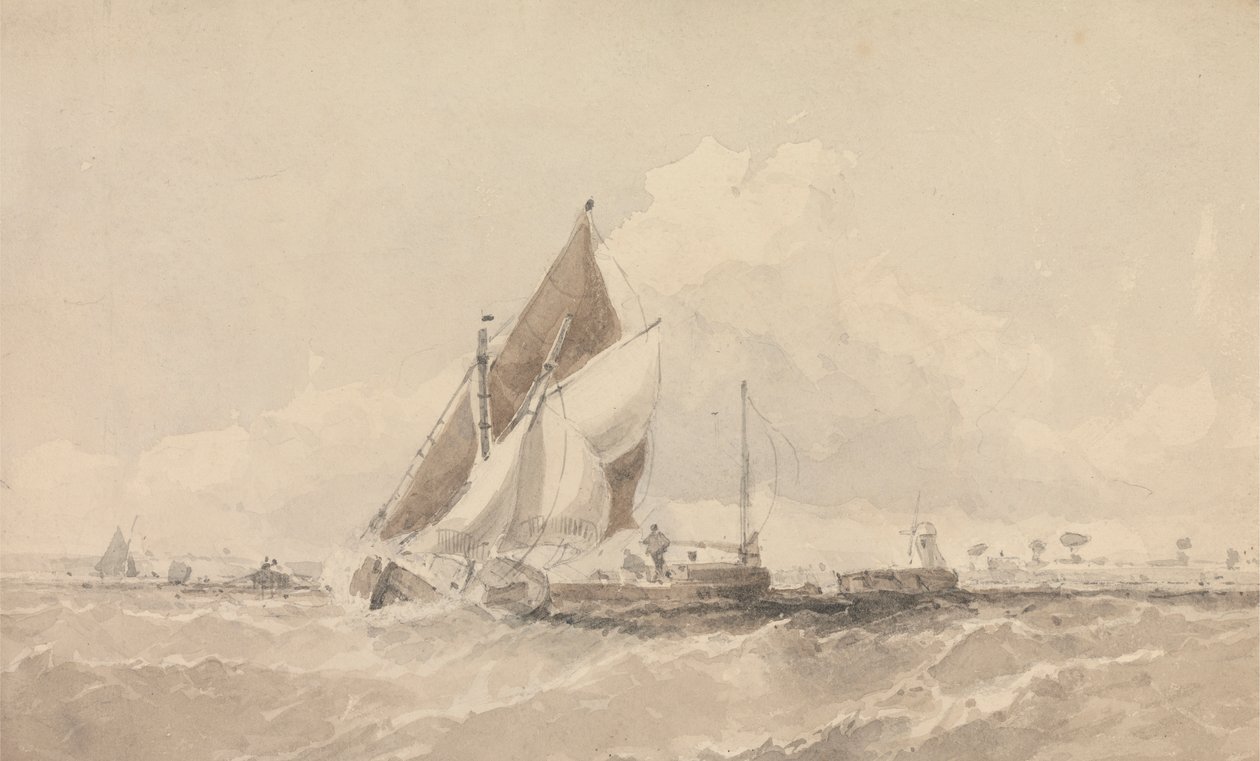 Barcazas y botes a vela en un mar agitado de George Chambers
