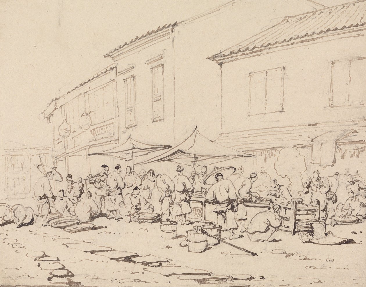 Una plaza de mercado y una multitud de George Chinnery