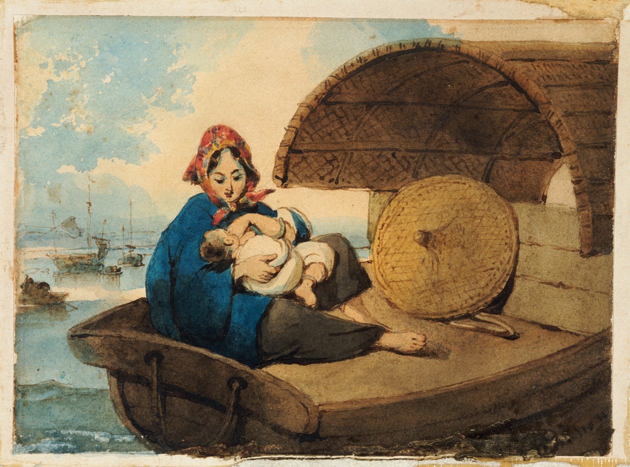 Una mujer Tanka con su hijo en un bote de George Chinnery