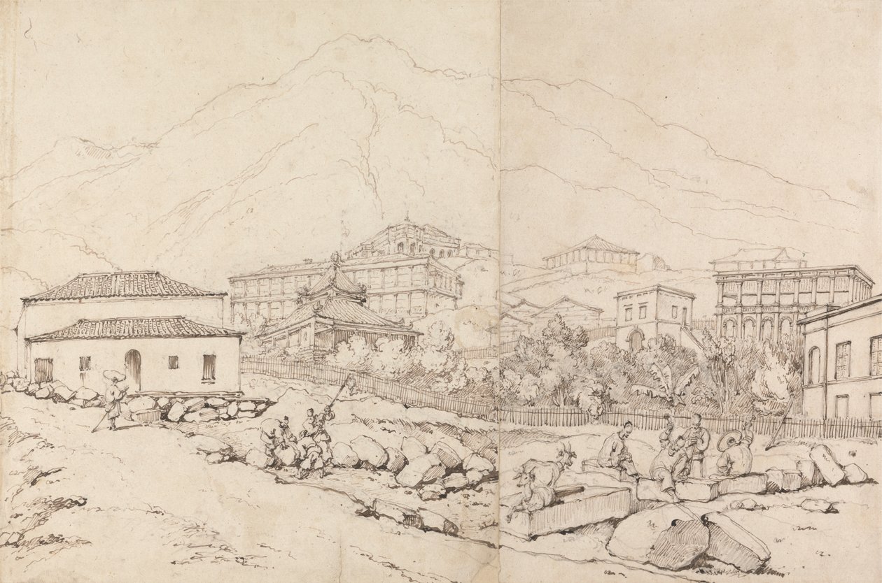 Construir en la ladera de un pueblo de montaña (¿China?) de George Chinnery