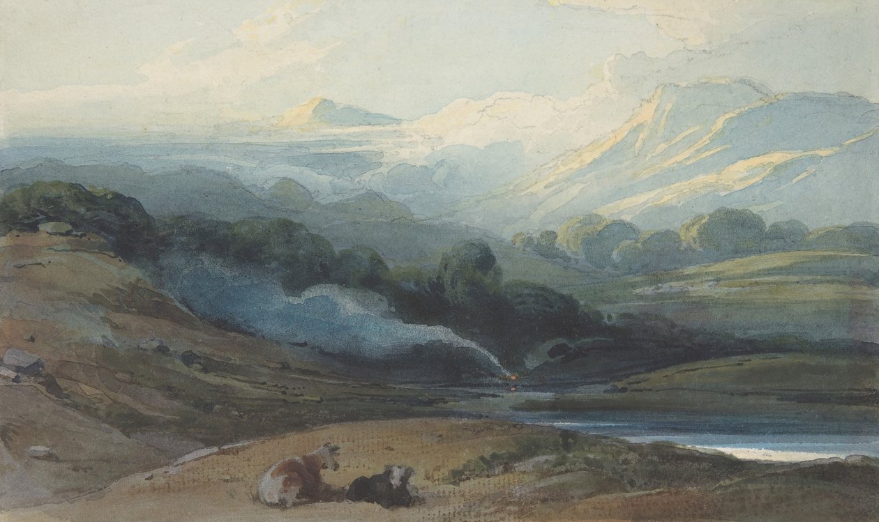 Ganado descansando en un paisaje montañoso, ca. 1808-12 de George Chinnery