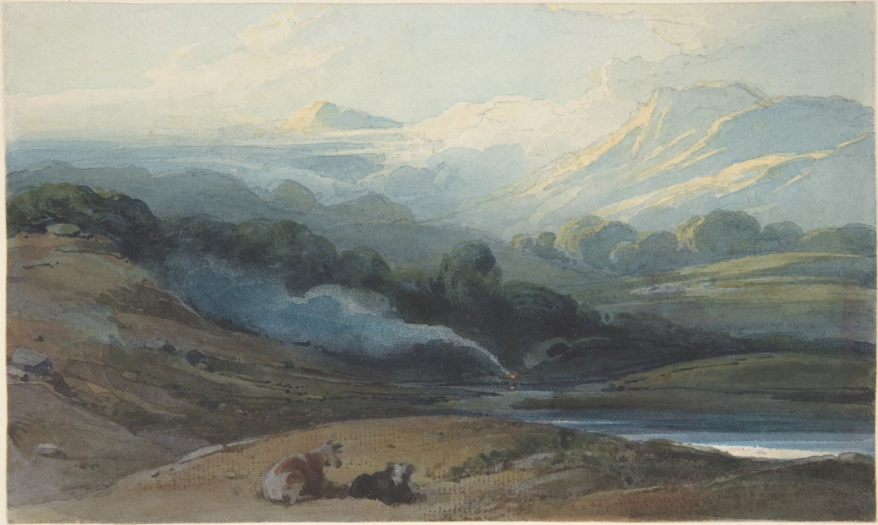 Ganado descansando en un paisaje montañoso, Bengala de George Chinnery