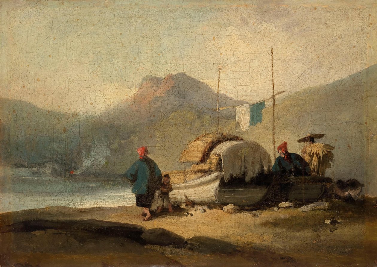 Escena china, barcas junto al lago de George Chinnery