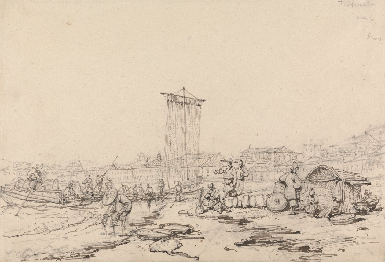 Escena costera con pescadores y edificios, Macao de George Chinnery