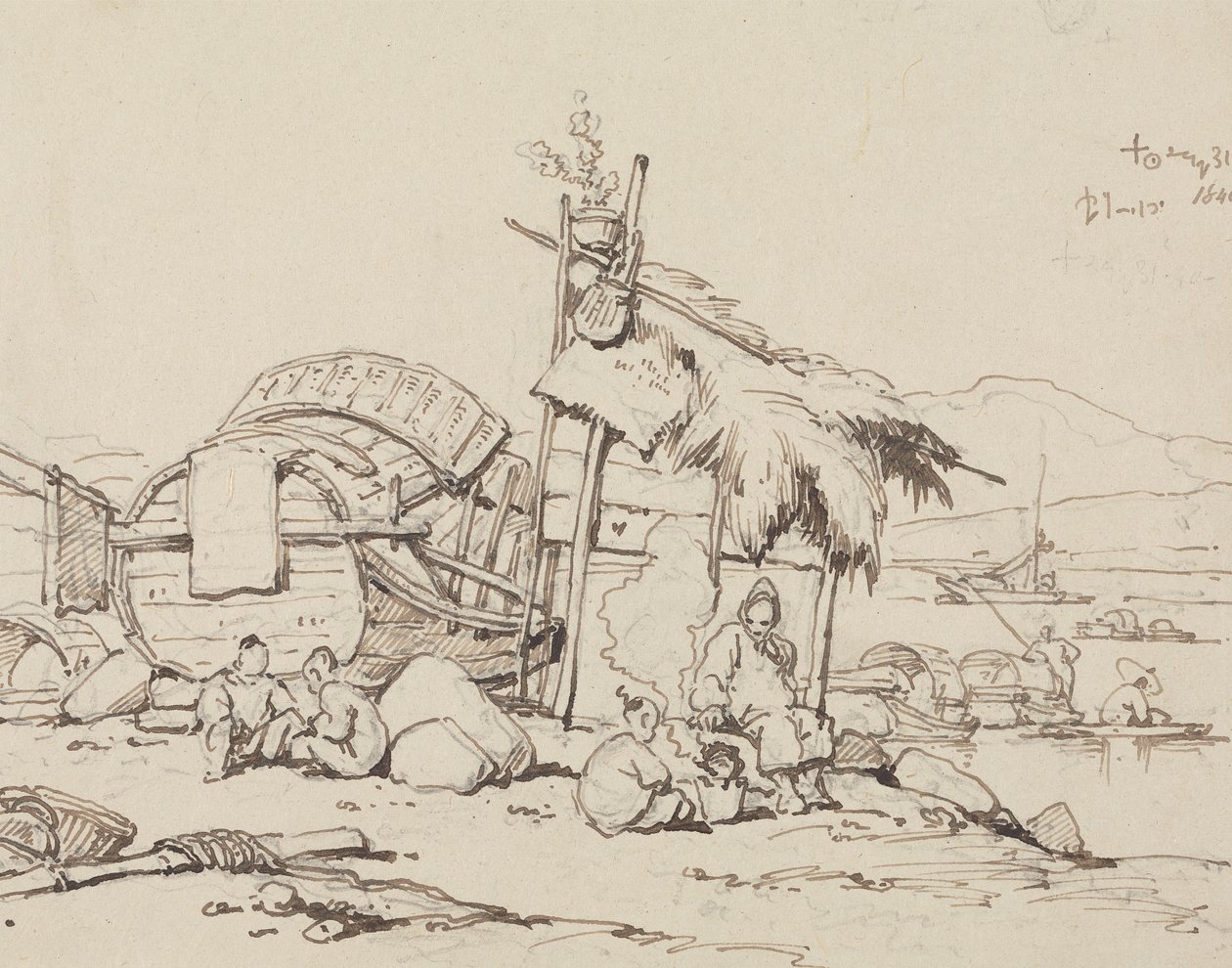 Anciano y niños sentados, cocinando de George Chinnery