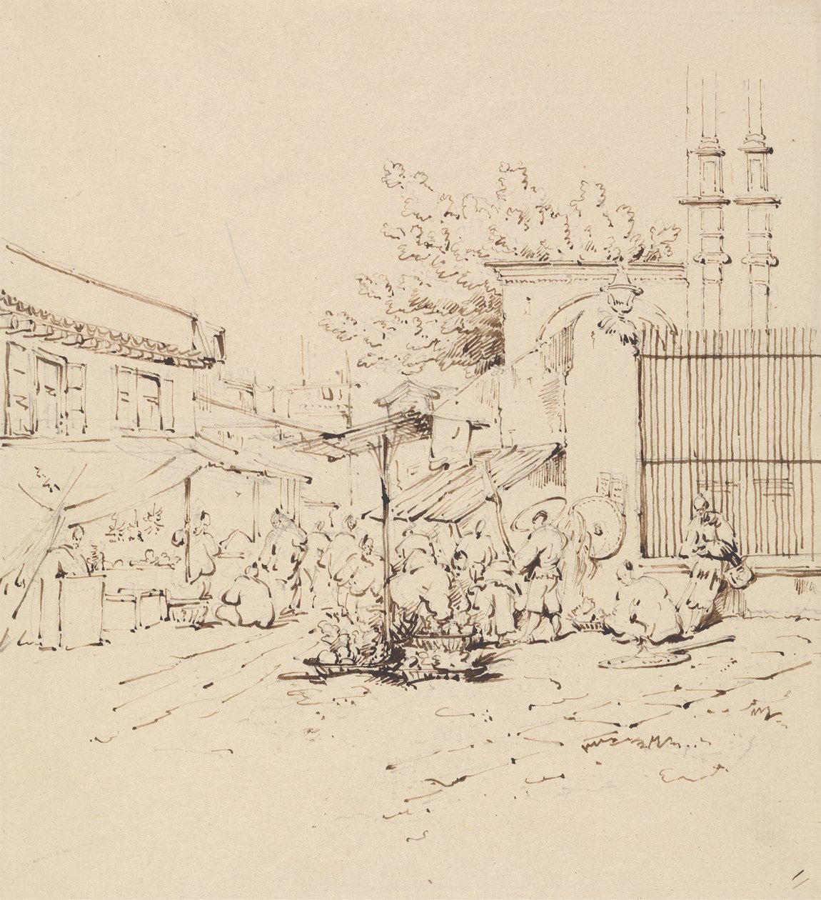 Escena callejera con comerciantes vendiendo mercancías de George Chinnery