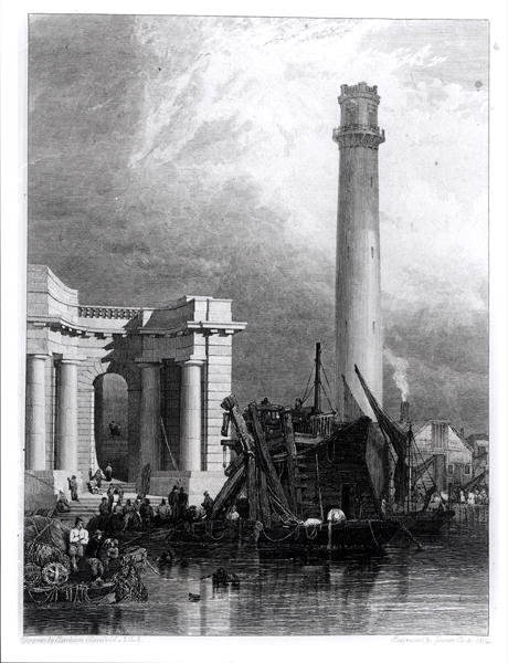 La torre de disparos y el puente de Waterloo, grabado por G. Cooke de George Clarkson (after) Stanfield