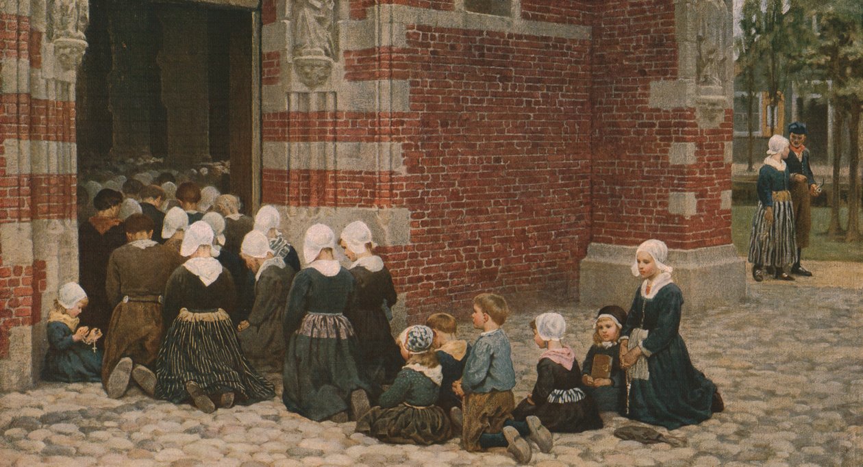 Misa mayor en un pueblo pesquero en el Zuiderzee, Holanda, 1876, c1930 de George Clausen