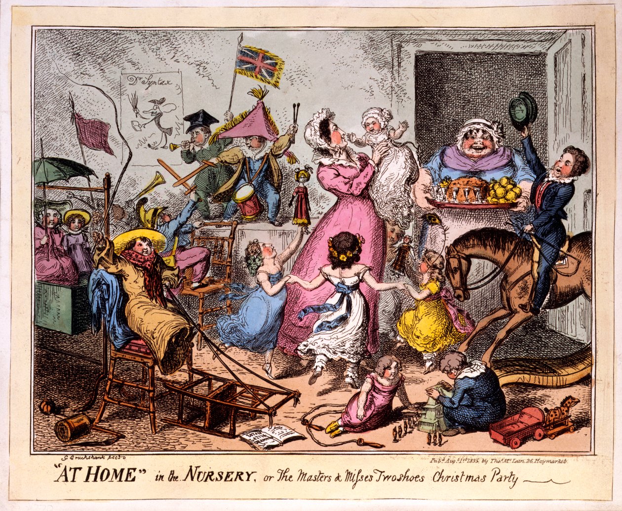 En casa en la guardería, o la fiesta de Navidad de los maestros y señoritas dos zapatos, 1835 de George Cruikshank