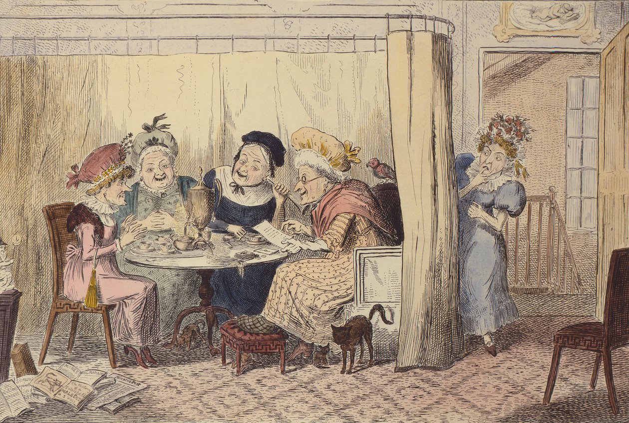 Un curioso grupo de elfos calumniadores o los oyentes rara vez escuchan cosas buenas sobre sí mismos, 1835 de George Cruikshank