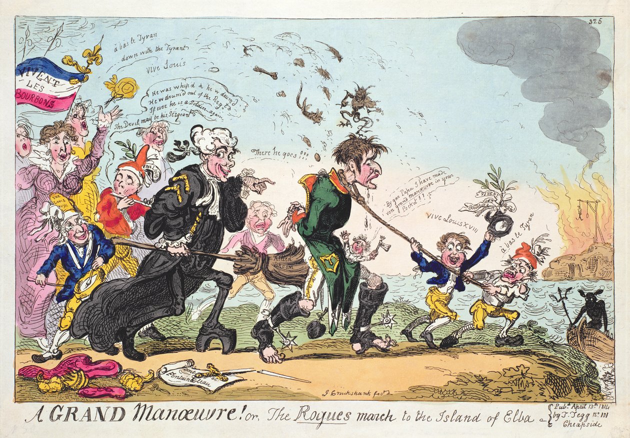"¡Una gran maniobra! o La marcha de los pícaros a la isla de Elba" de George Cruikshank, publicado el 13 de abril de 1814 de George Cruikshank