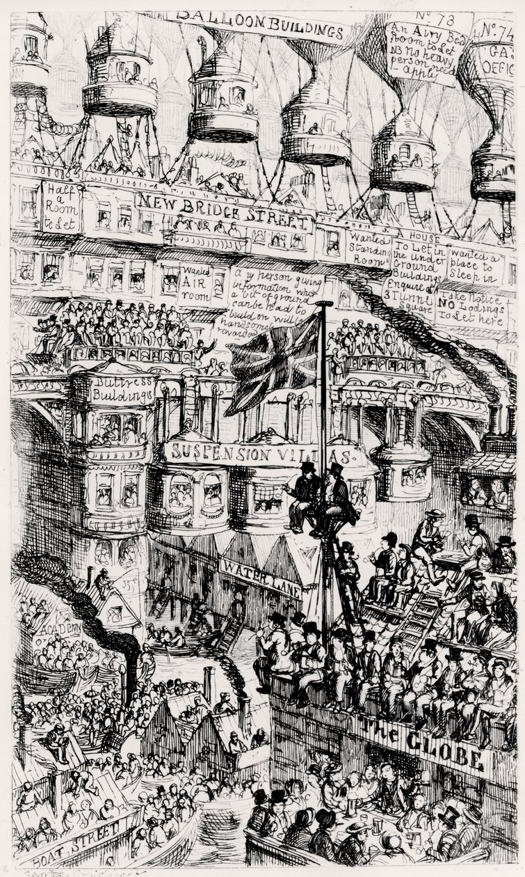 Una visión maltusiana de un Londres superpoblado, Inglaterra, del futuro, según los escritos de Thomas Malthus de George Cruikshank
