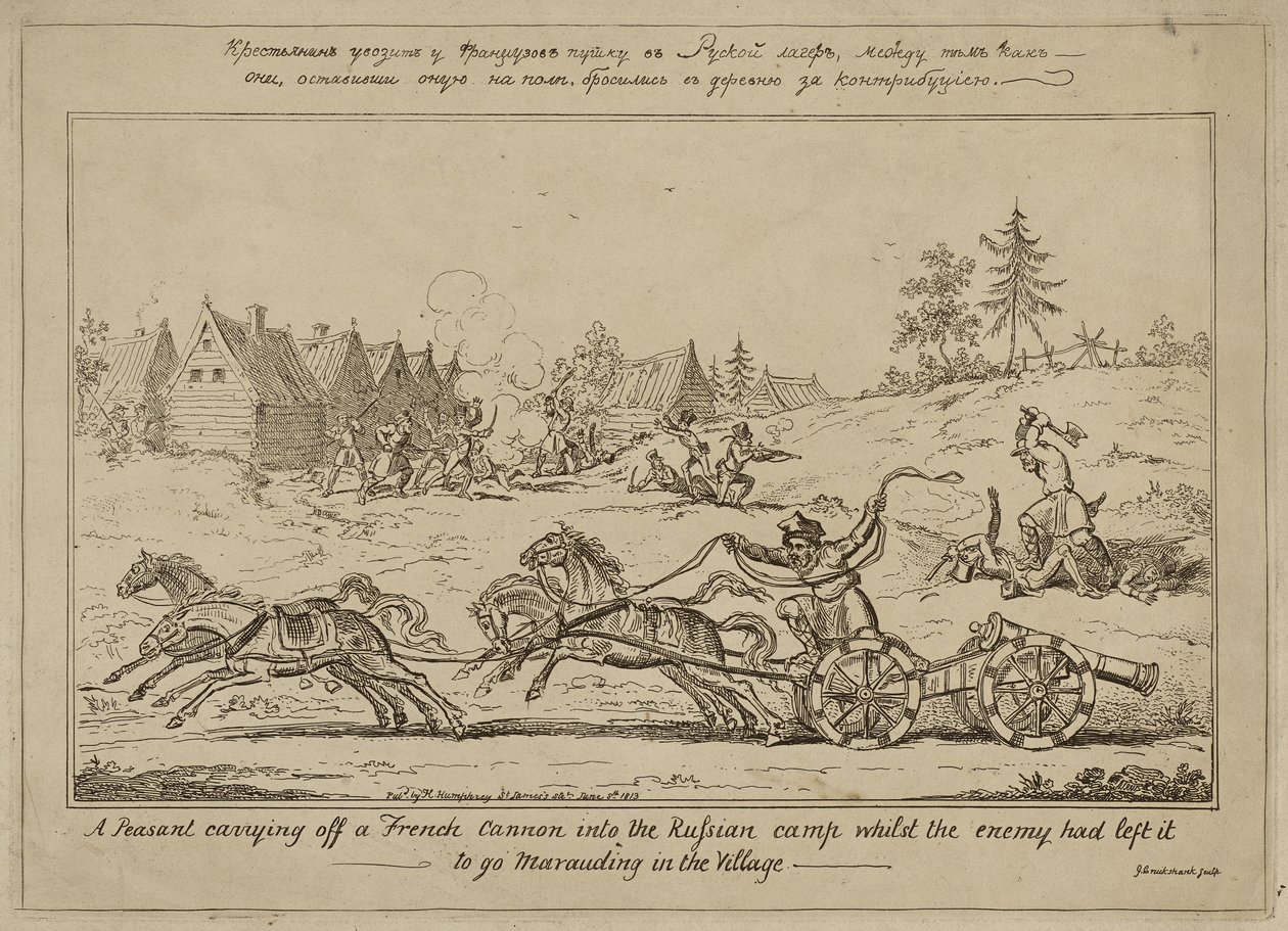 Un campesino llevándose un cañón francés al campamento ruso mientras el enemigo lo había dejado para saquear el pueblo, publicado el 8 de junio de 1813 de George Cruikshank
