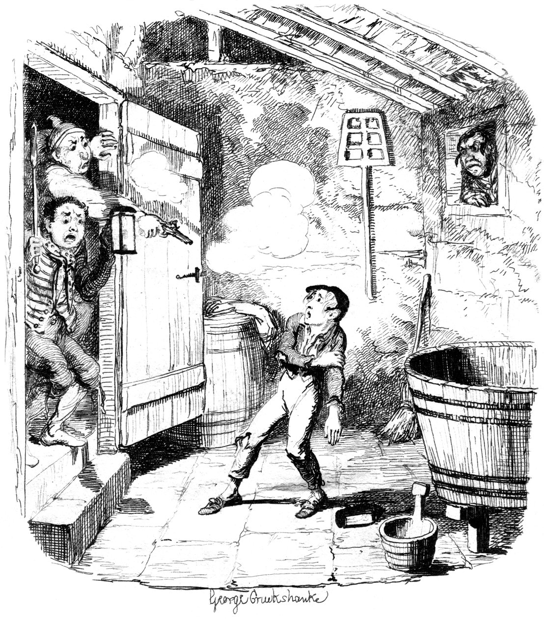 Un hombre dispara a un niño que sospecha de robar, siglo XIX de George Cruikshank