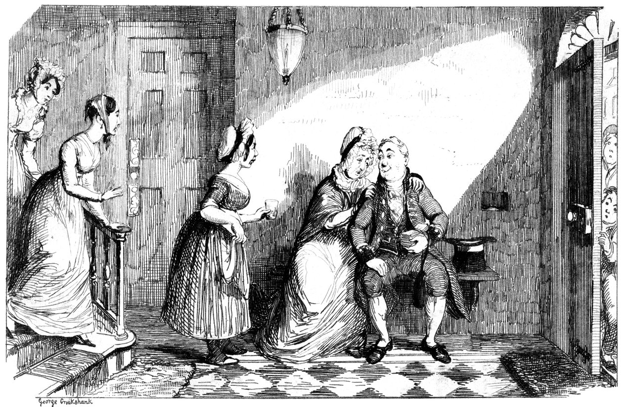 Varias mujeres atienden a un hombre enfermo, siglo XIX de George Cruikshank