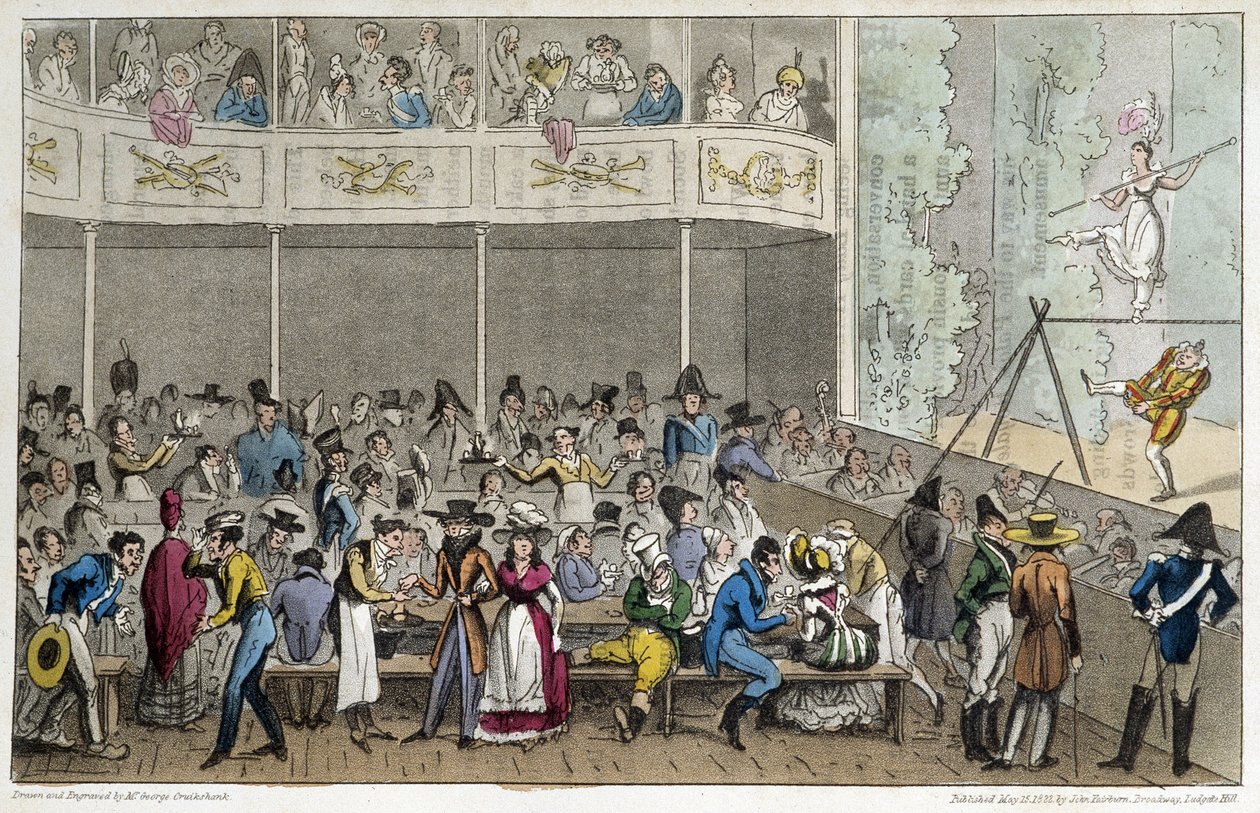 Espectáculo de acróbatas en el Café de la Paix - en “Life in Paris” por David Carey, Londres de George Cruikshank