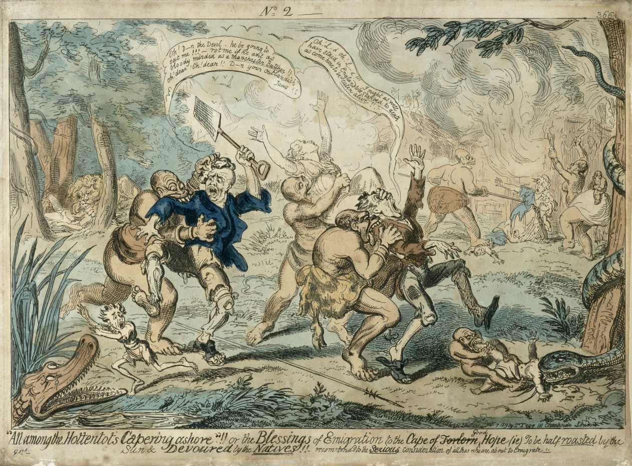 Todos Entre los Hotentotes Saltando a Tierra..., publicado el 7 de septiembre de 1819 de George Cruikshank