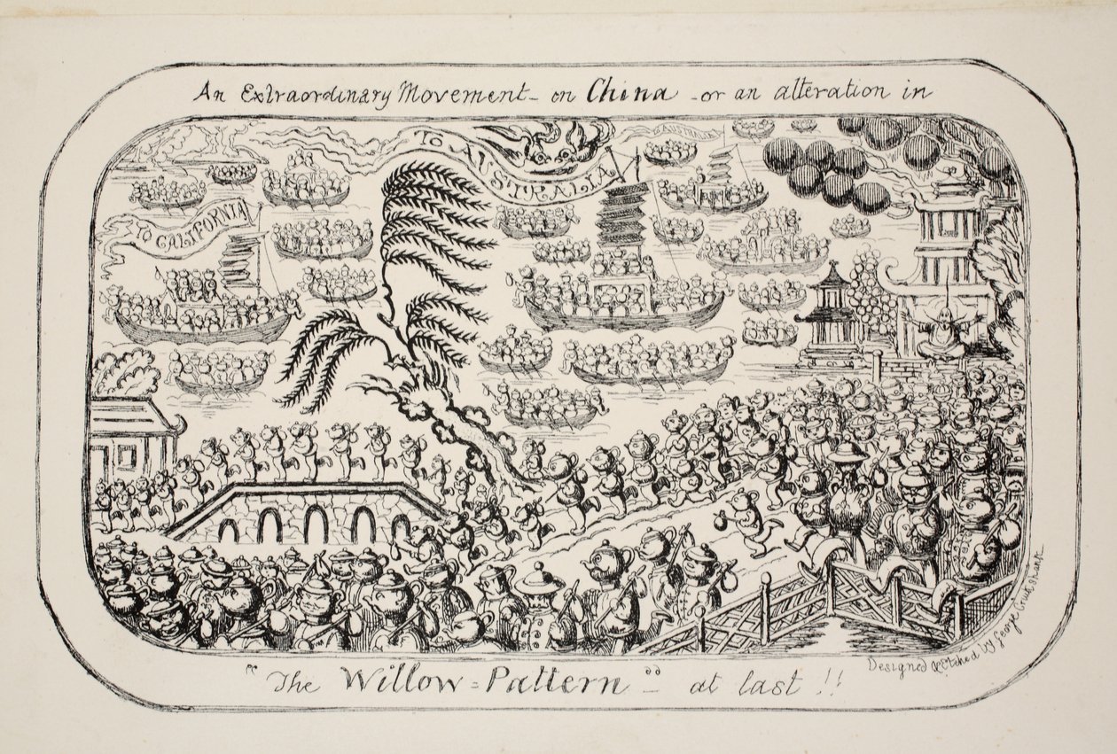 Un Movimiento Extraordinario en China - o - ¡una alteración en el Patrón de Sauce al fin!, pub. 1853 de George Cruikshank