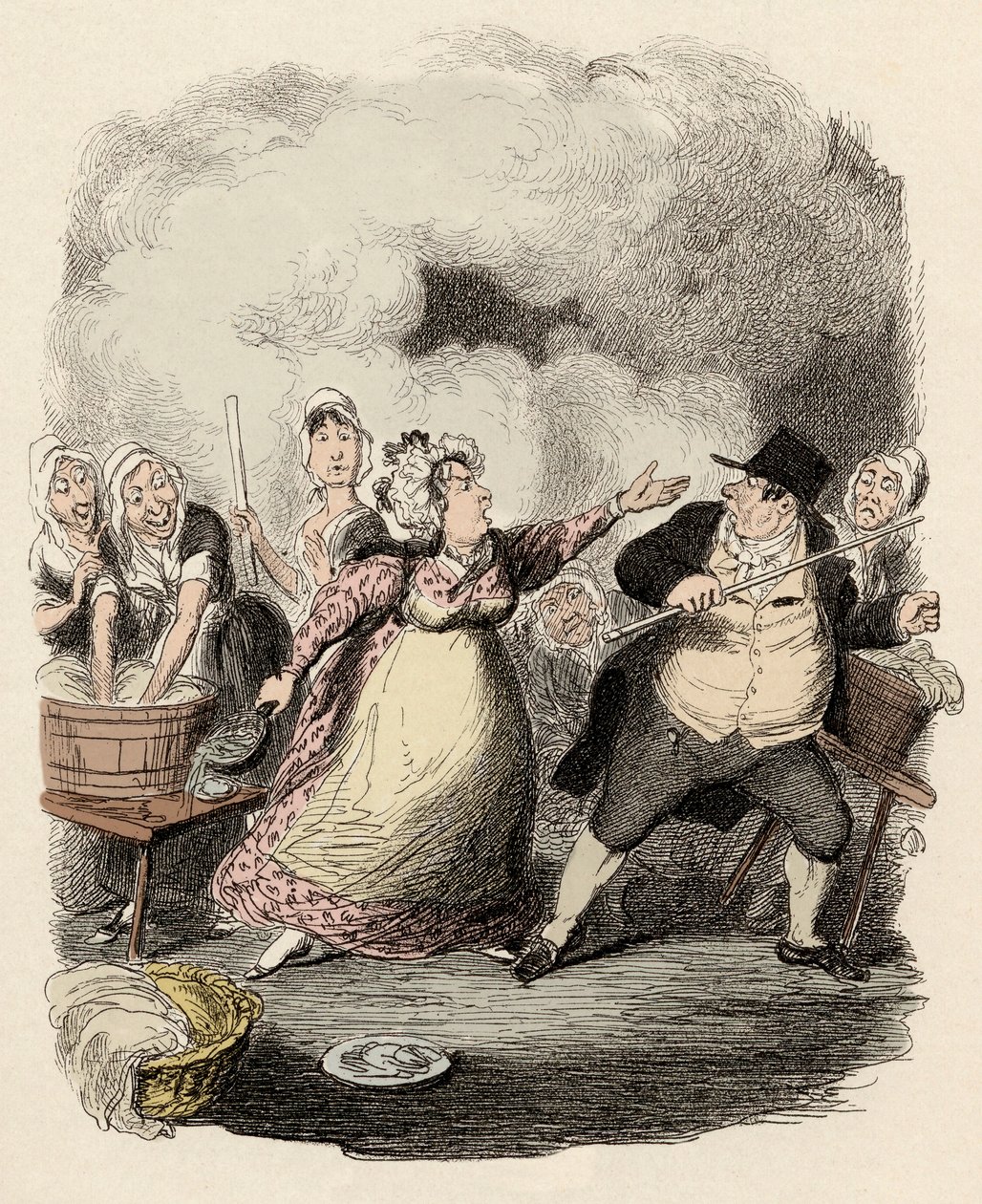 En el hospicio, Monsieur Bumble es severamente rechazado por su esposa, Madame Corney - Mr Bumble degradado a los ojos de los pobres - Ilustración para "Oliver Twist" (Las aventuras de Oliver Twist) de Charles Dickens (1812-1870), por George Cruikshank de George Cruikshank