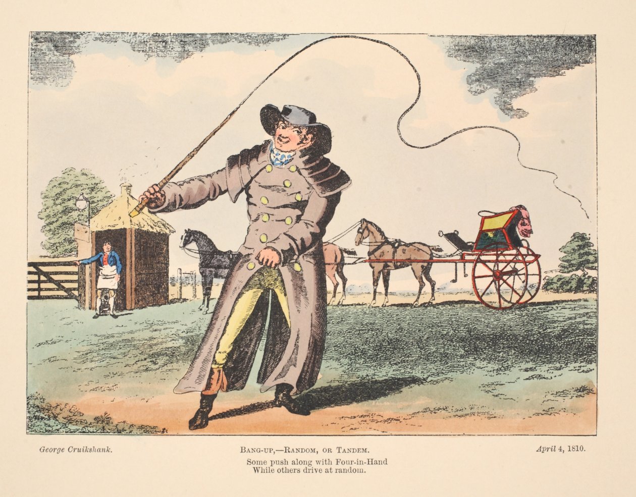 Bang-Up, Random o Tandem, algunos empujan con Cuatro en Mano mientras otros conducen al azar, 1810 de George Cruikshank