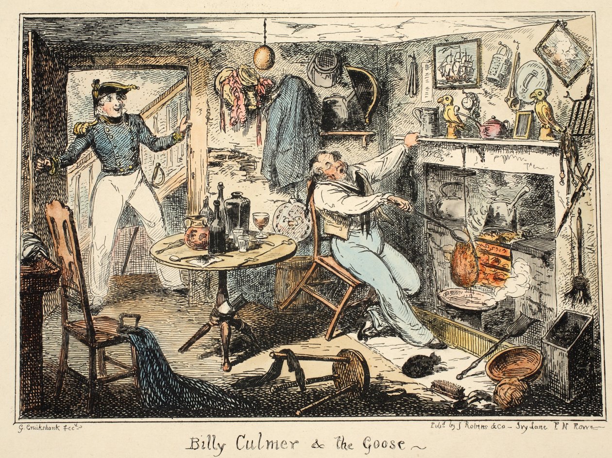 Billy Culmer y el ganso, de Greenwich Hospital, una serie de bocetos navales, descriptivos de la vida de un hombre de guerra, pub. 1826 de George Cruikshank