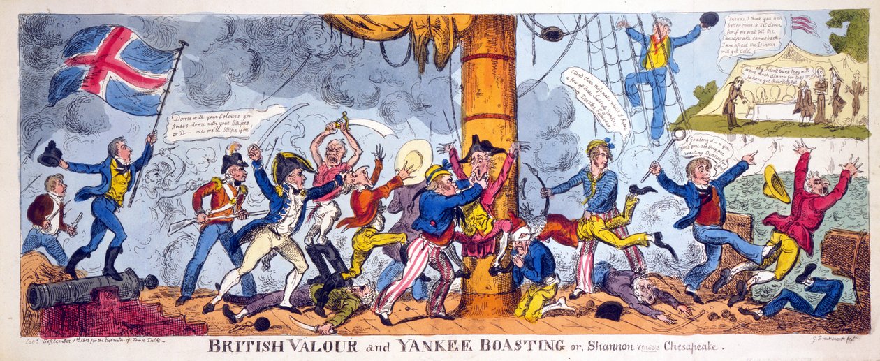 Valentía Británica y Jactancia Yanqui o, Shannon contra Chesapeake, pub. 1813 (grabado a mano) de George Cruikshank