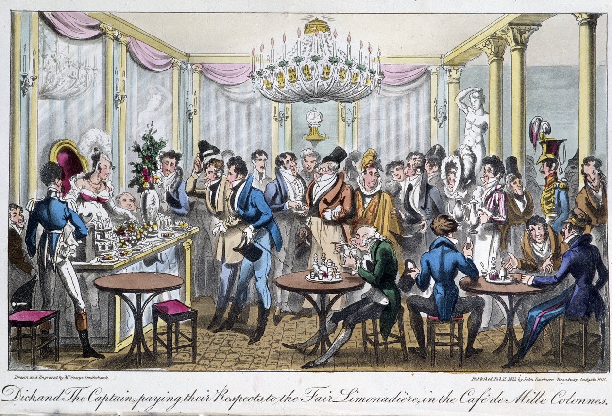 Café des Milles columnas - en "Life in Paris" por David Carey, Londres de George Cruikshank