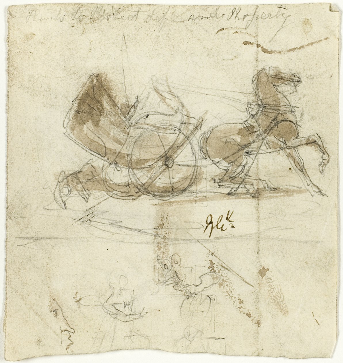 Caricatura de sí mismo (anverso); Cabina tirada por un caballo, con otros bocetos (reverso) de George Cruikshank
