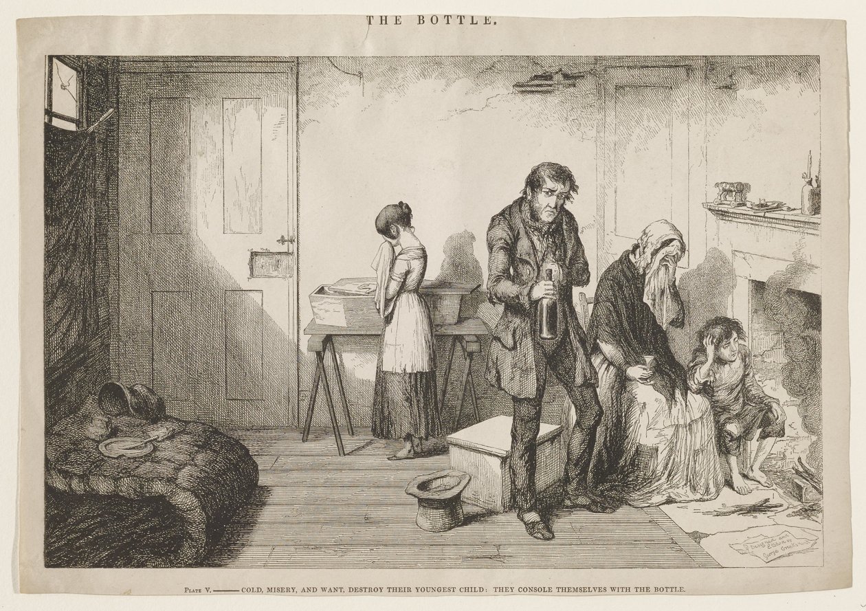 El frío, la miseria y la necesidad destruyen a su hijo menor: se consuelan con la botella. de George Cruikshank