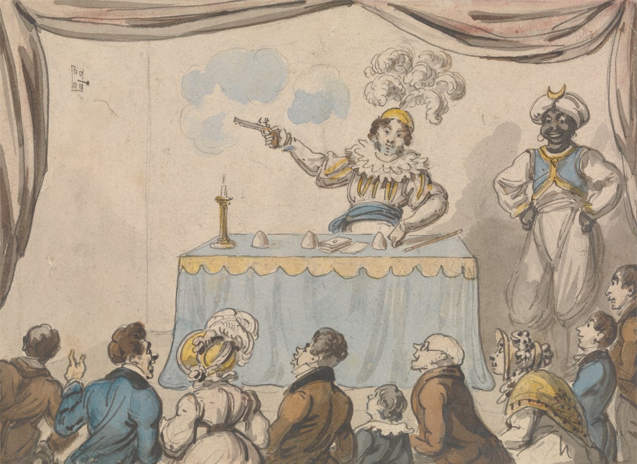Conjurador con pistola y cartas de George Cruikshank