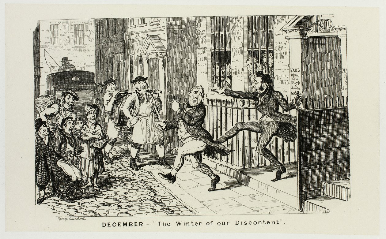 Diciembre - "El invierno de nuestro descontento" de los grabados en acero de George Cruikshank para The Comic Almanacks: 1835-1853 de George Cruikshank