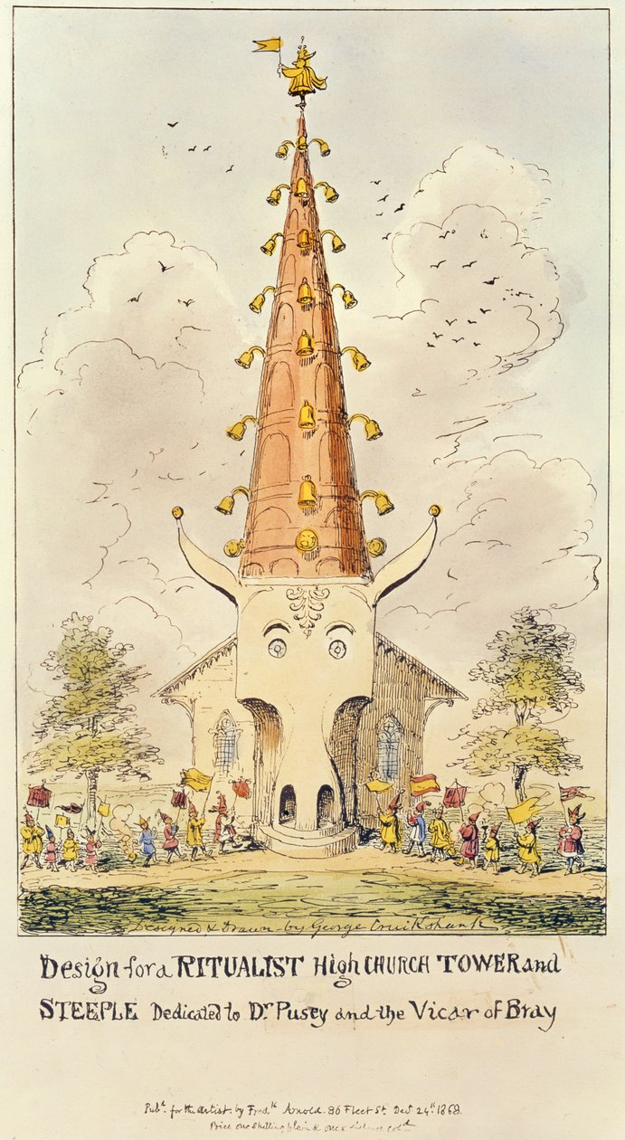 Diseño para una torre y aguja de iglesia ritualista alta, dedicada al Dr. Pusey y al vicario de Bray, 1868 de George Cruikshank
