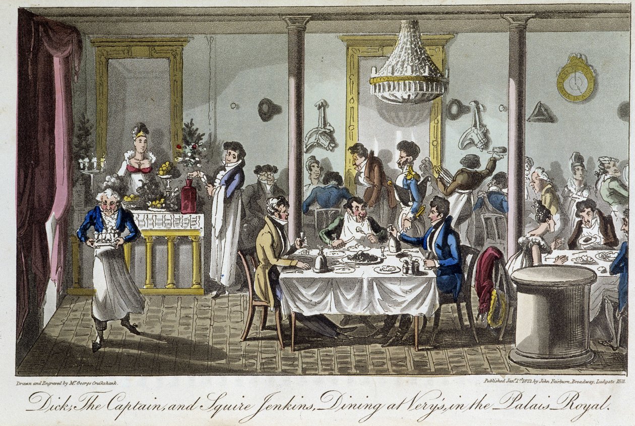 Cena en Very, en el Palais Royal - en "Life in Paris" por David Carey, Londres de George Cruikshank