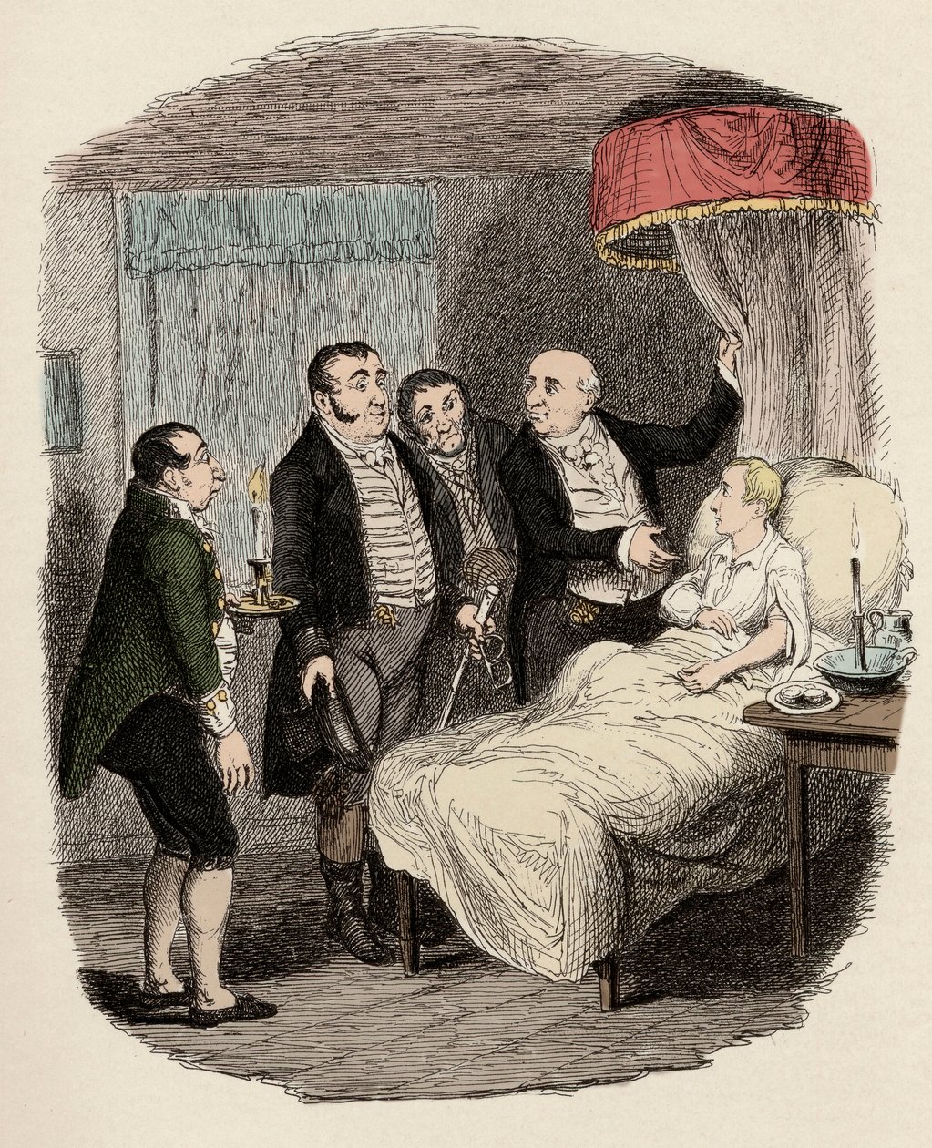 El Dr. Losberne mostrando a Oliver a los oficiales de policía de Bow Street - Oliver atendido por los corredores de Bow Street - Ilustración para “Oliver Twist” (Las aventuras de Oliver Twist) de Charles Dickens, por George Cruikshank. de George Cruikshank