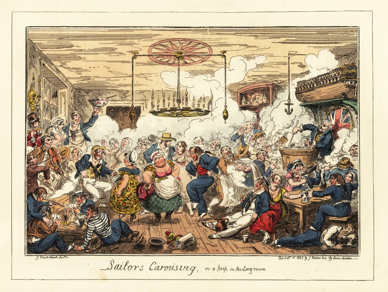 Marineros ingleses bebiendo y bailando en un pub, época napoleónica,1829 (litografía) de George Cruikshank