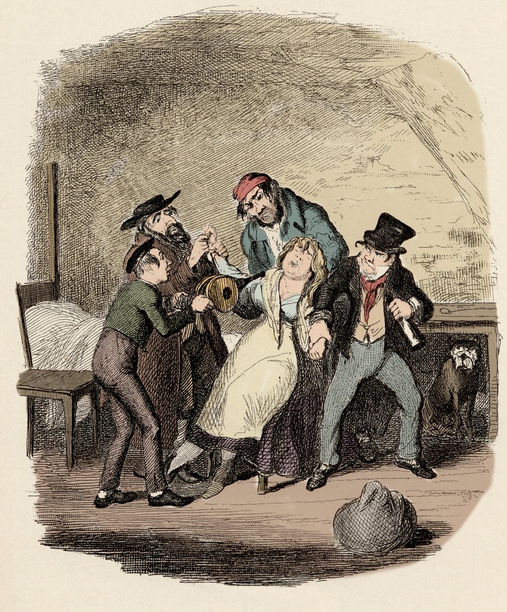 Fagin, Charley Bates, Kikes y Dawkins reaniman a Nancy - Ilustración para "Oliver Twist" de Charles Dickens de George Cruikshank